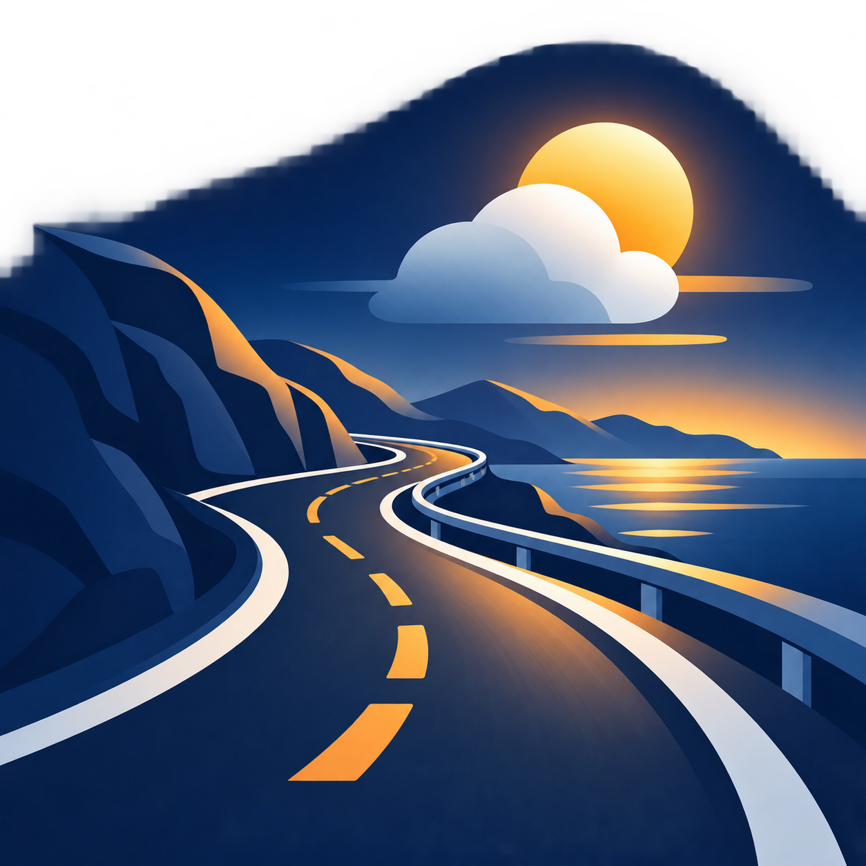 A winding road beneath changing sun and clouds